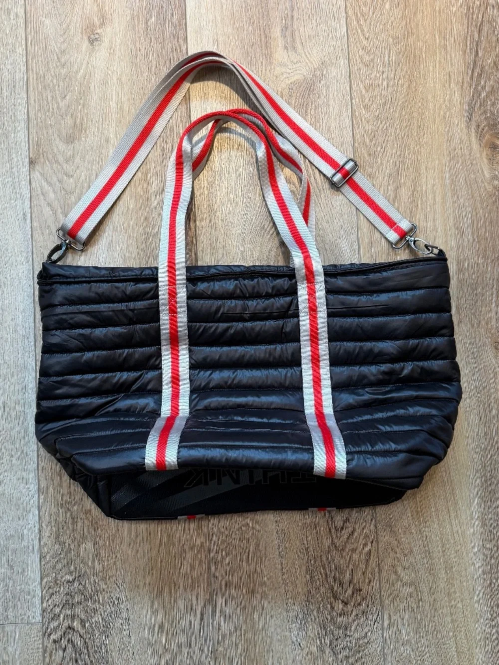Think Royln Wingman Quilted Puffer Tote Black Red Silver Stripe